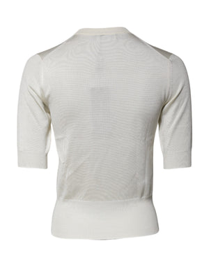 Cream Short Sleeve Silk Round Neck Blouse Top