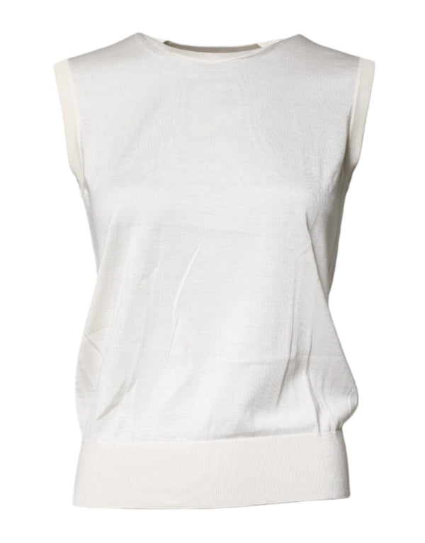 Cream Sleeveless Silk Round Neck Tank Top
