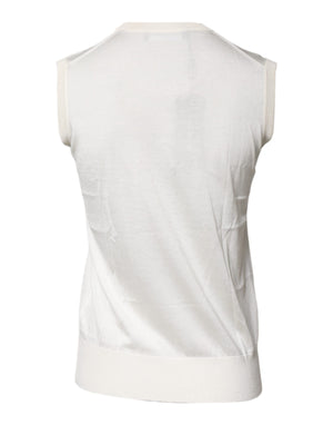 Cream Sleeveless Silk Round Neck Tank Top