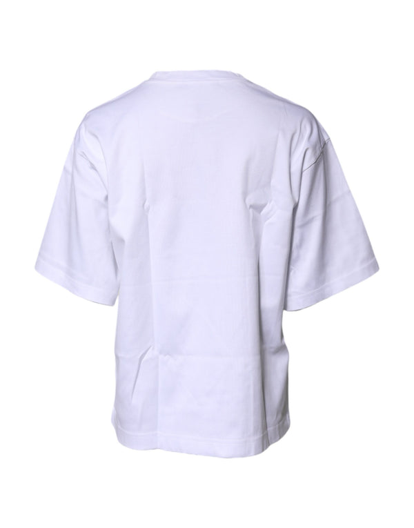 White Printed Cotton Round Neck Top T-shirt