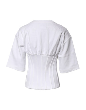 White Cotton Blend 3/4 Sleeves Blouse Top