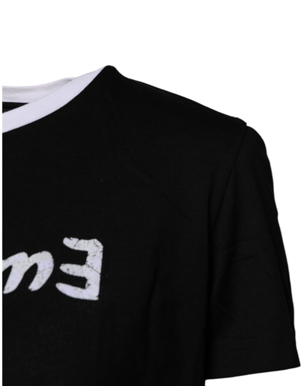 Black Printed Round Neck Top Cotton T-shirt