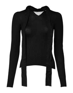 Black Cashmere Ascot Collar Long Sleeve Top