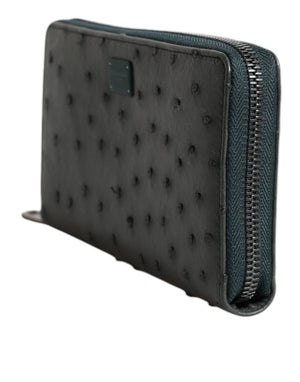 Green Ostrich Logo Plaque Zip Around Continental Wallet