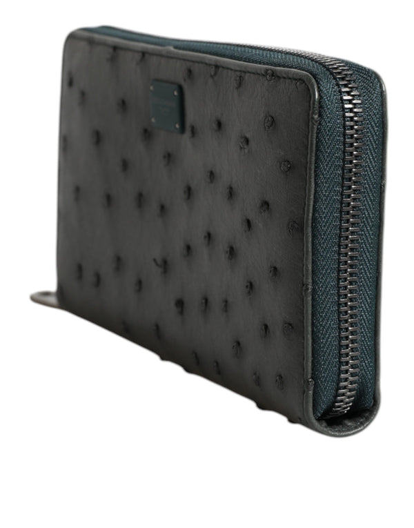 Green Ostrich Logo Plaque Zip Around Continental Wallet