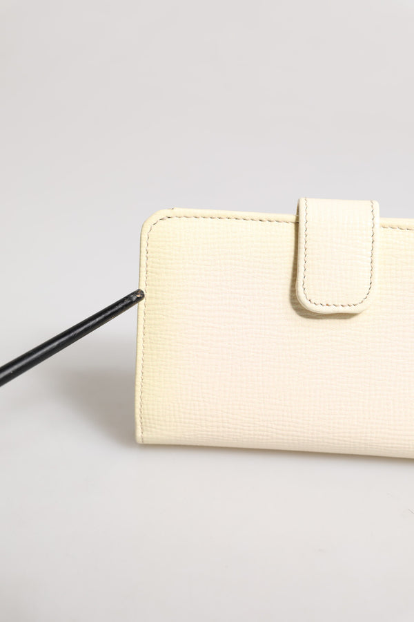 Ivory Calf Leather Compact Logo Plaque Card Holder Wallet