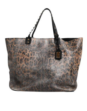 Brown Leopard BEATRICE Leather Logo Plaque Tote Bag