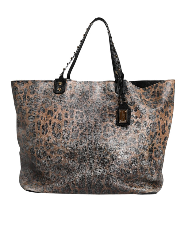 Brown Leopard BEATRICE Leather Logo Plaque Tote Bag