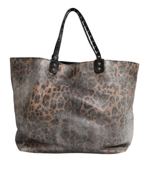 Brown Leopard BEATRICE Leather Logo Plaque Tote Bag
