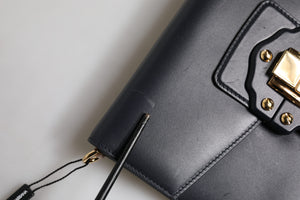 Black Leather Logo Gold Crossbody Purse Bag