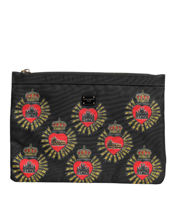 Black Red Nylon Sacred Heart Clutch Pouch Bag