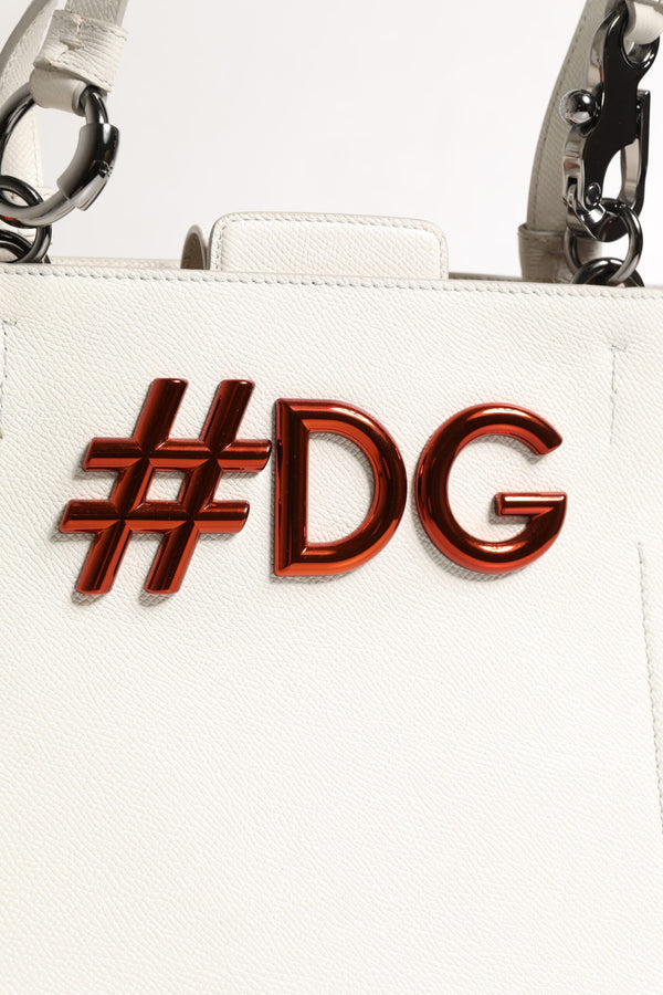 White Leather #DG BEATRICE Top Handle Tote Bag