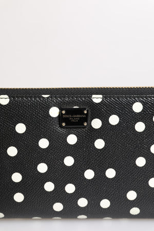 Black White Dotted Leather Zip Around Continental Wallet
