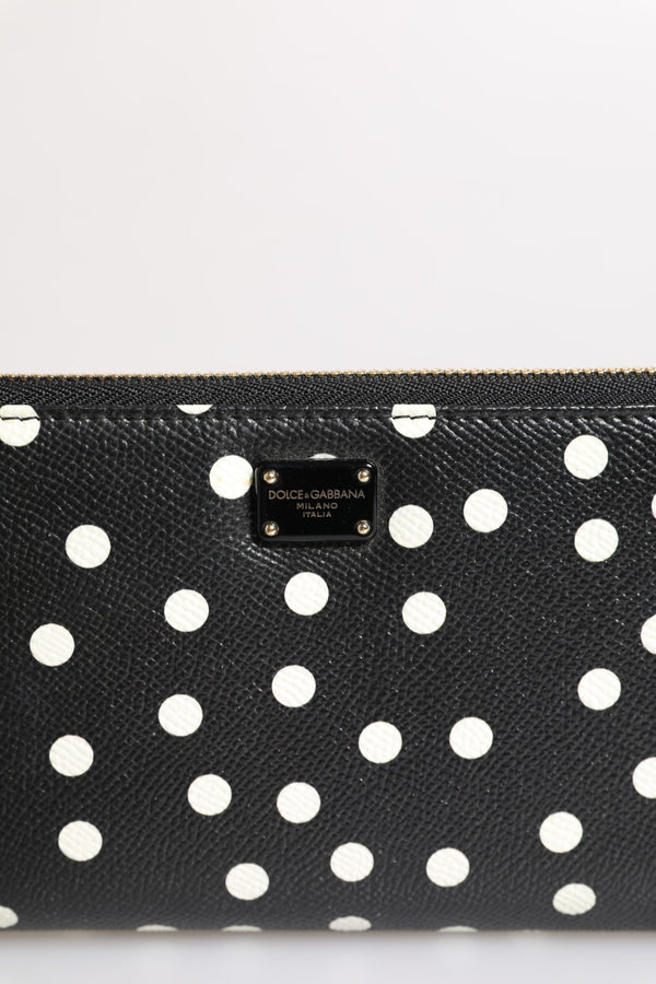 Black White Dotted Leather Zip Around Continental Wallet