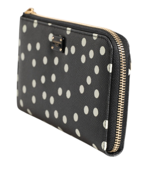 Black White Dotted Leather Zip Around Continental Wallet
