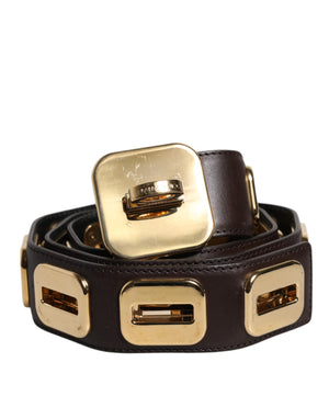 Dark Brown Leather Gold Rotating Buckle Belt