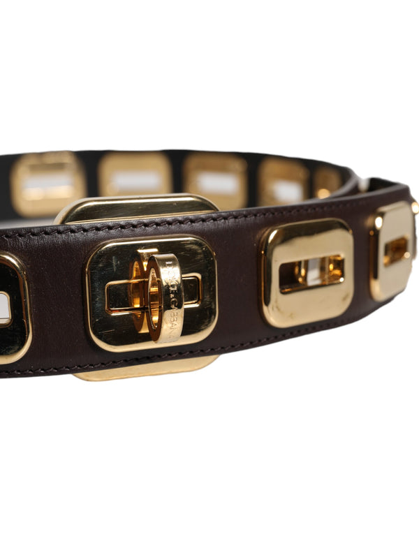 Dark Brown Leather Gold Rotating Buckle Belt