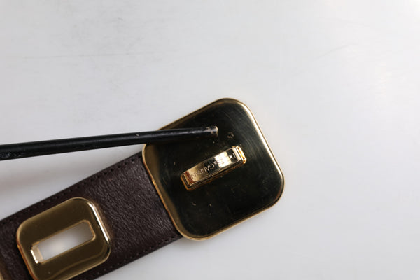 Dark Brown Leather Gold Rotating Buckle Belt