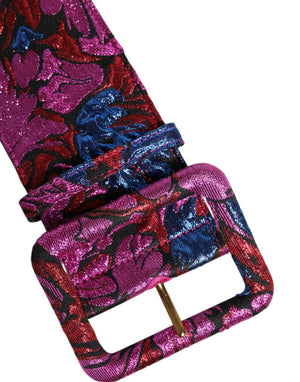 Multicolor Floral Jacquard Lurex Wide Waist Buckle Belt