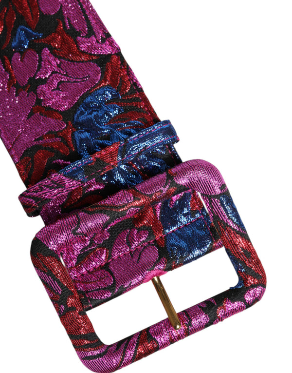 Multicolor Floral Jacquard Lurex Wide Waist Buckle Belt