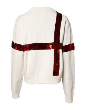 White Sequined Crew Neck Pullover Sweater