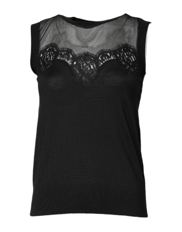 Black Lace Sheer Crew Neck Sleeveless Top
