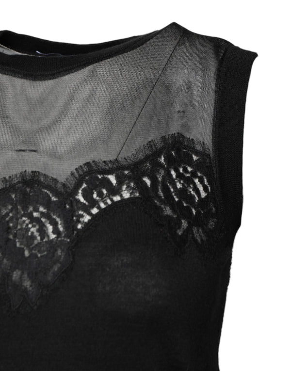 Black Lace Sheer Crew Neck Sleeveless Top