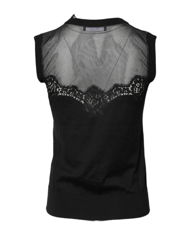 Black Lace Sheer Crew Neck Sleeveless Top