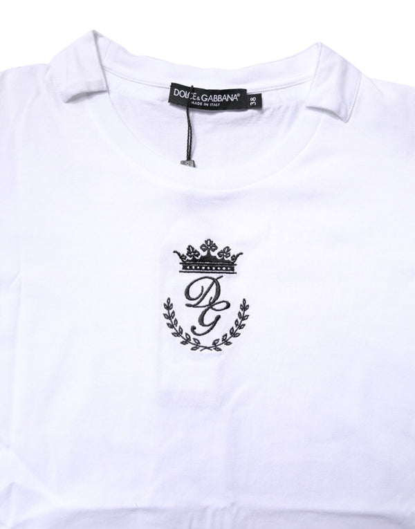 White Logo Crown Cotton Crew Neck T-shirt