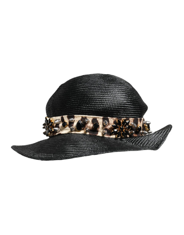 Black Straw Crystal Embellished Wide Brim Hat