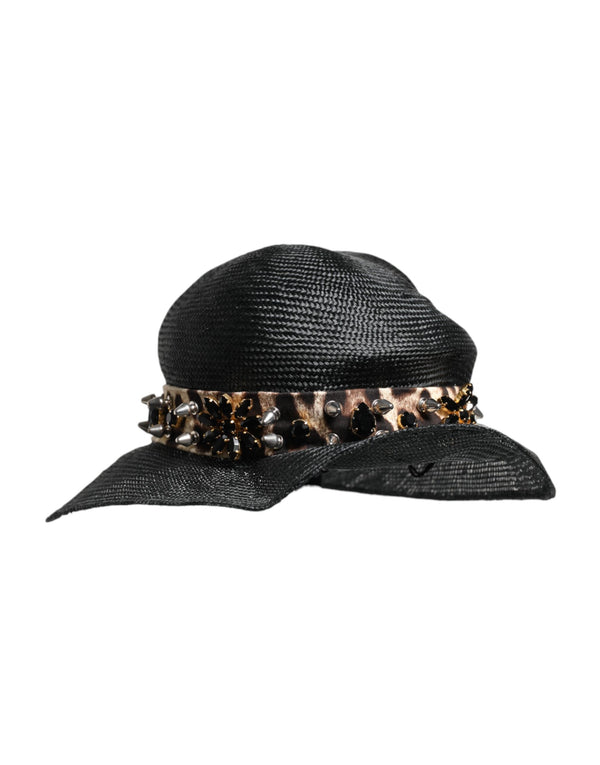 Black Straw Crystal Embellished Wide Brim Hat