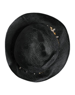 Black Straw Crystal Embellished Wide Brim Hat