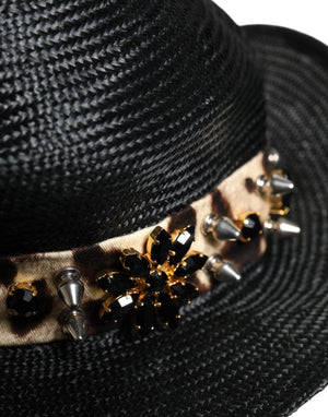 Black Straw Crystal Embellished Wide Brim Hat