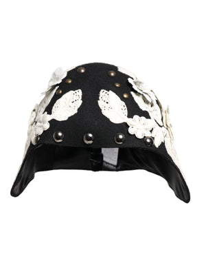 Black Wool White Floral Gold Leaf Cloche Hat