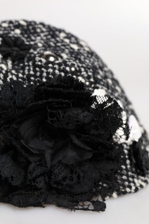 Black Wool White Floral Embellished Cloche Hat