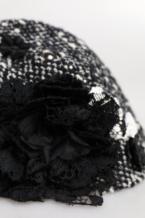 Black Wool White Floral Embellished Cloche Hat