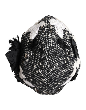 Black Wool White Floral Embellished Cloche Hat