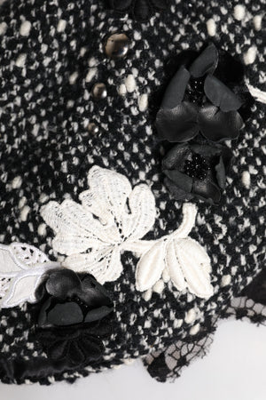 Black Wool White Floral Embellished Cloche Hat