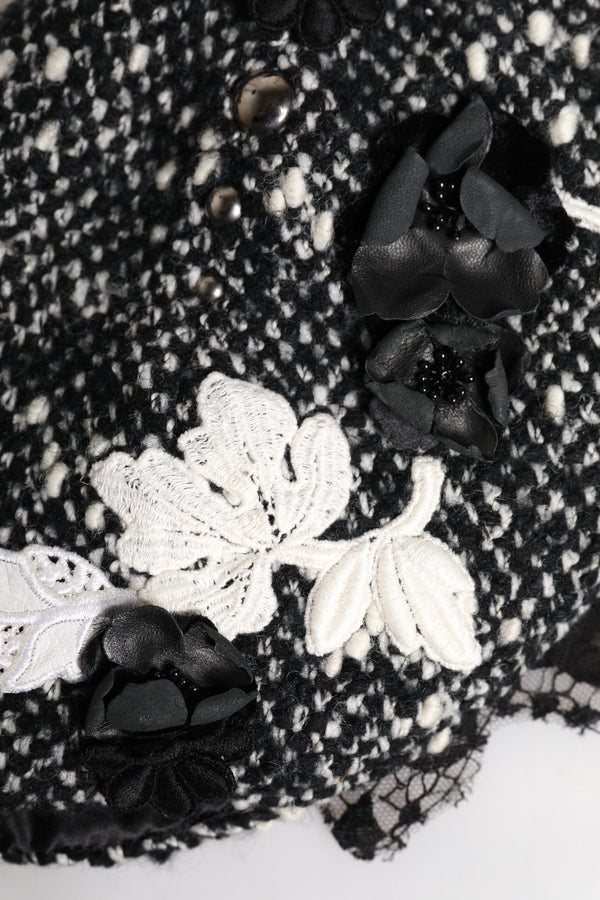 Black Wool White Floral Embellished Cloche Hat