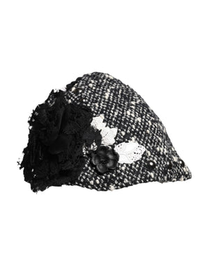Black Wool White Floral Embellished Cloche Hat