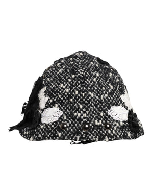 Black Wool White Floral Embellished Cloche Hat