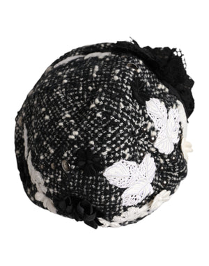 Black Wool White Floral Embellished Cloche Hat