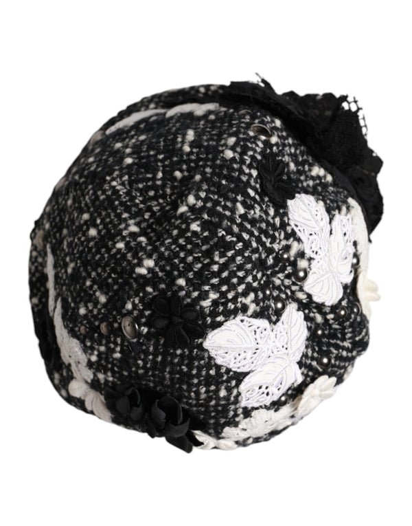 Black Wool White Floral Embellished Cloche Hat