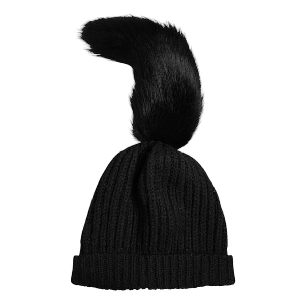 Black Acrylic Knitted Fur Winter Beanie Hat