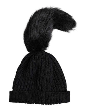 Black Acrylic Knitted Fur Winter Beanie Hat