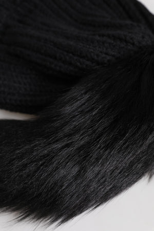 Black Acrylic Knitted Fur Winter Beanie Hat