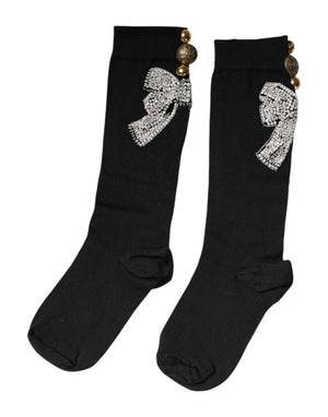 Black Knit Floral Crystal Embellishment Socks