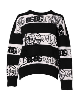 Black White Logo Print Wool Pullover Sweater