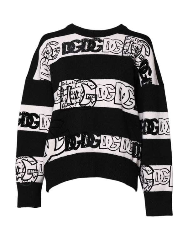 Black White Logo Print Wool Pullover Sweater