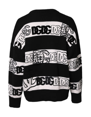 Black White Logo Print Wool Pullover Sweater